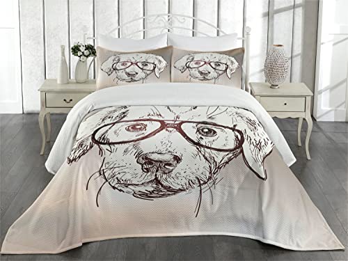 Ambesonne Modern Coverlet, Hipster Puppy with Glasses Smart Dog Nerd Animal Humor Fun Graphic Design, 3 Piece Decorative Quilted Bedspread Set with 2 Pillow Shams, Queen Size, White Tan Brown