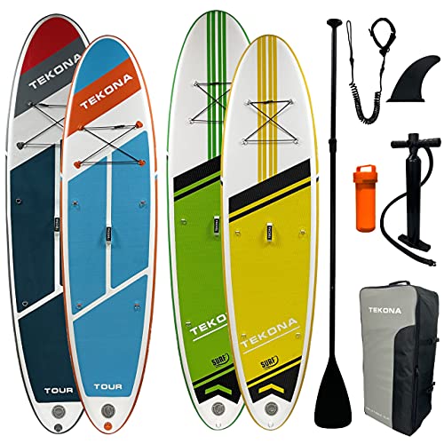 TEKONA Stand Up Paddling Board Set | Aufblasbares SUP Board 3 Finnen | 300cm 120kg Traglast 15cm Dicke | inkl. Rucksack Doppelhub Pumpe Paddel Kajakvorrichtung | Verschiedene Größen und Farben