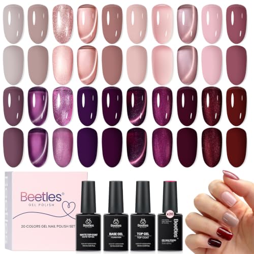 Image of Beetles Purple Gel Nail Polish Set, 23 pcs 20 Colors Soak Off UV LED | Purple Mauve Burgundy Red Pink Nude Cat Eye Shades With Base Coat, Glossy Top Coat Matte Finish