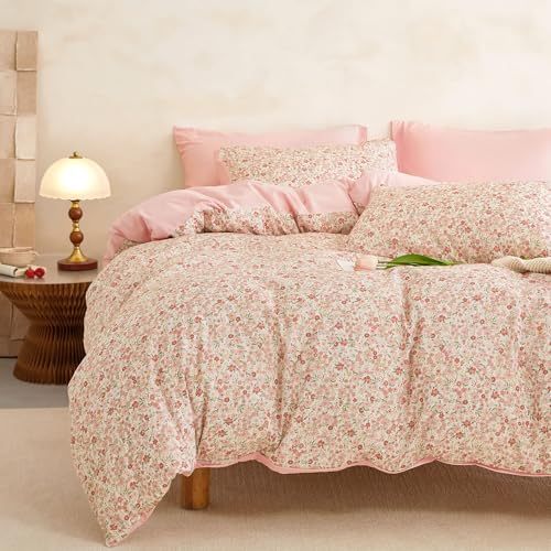 Wake In Cloud - Floral Duvet Cover Set Cute Vintage Flower Cottagecore Aesthetic for Women Teen Girls Soft Lightweight Bedding 3-Piece Cream Pink Queen Size