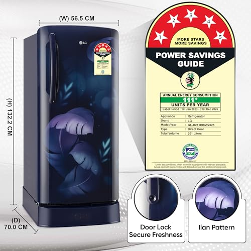 Image of LG 201 L 5 Star Direct Cool Smart Inverter Compressor Single Door Refrigerator (GL-D211HBIZ, Blue ILAN, Fast Ice Making, Auto Smart Connect with Base Stand Drawer)