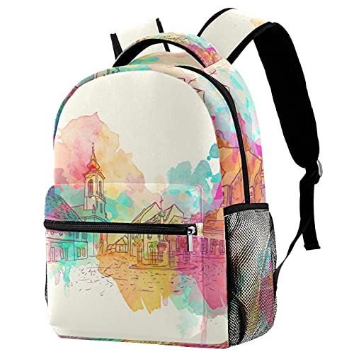 Sac à dos de voyage avec porte-bouteille imprimé Old City dessiné main