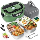 MULBEVD Electric Lunch Box Food Heater 100W, 3-in-1 Fast Heating Adult Lunch Box, 2 Removable 304 Stainless Steel Food Containers, 12V/24V/220V for Car, Truck & Office (Green, 1.5L)