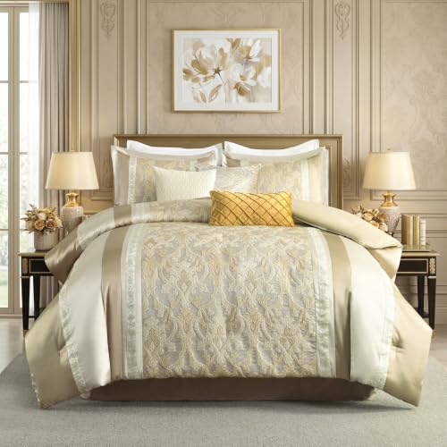Image of CozyDH Comforter Set King Size, Champagne Gold Beige - Luxury 7 Piece Bed in a Bag Jacquard Damask Vintage Floral, All Season Down Alternative Bedding with Bed Skirt, Shams, Decor Pillows, 104x90 in