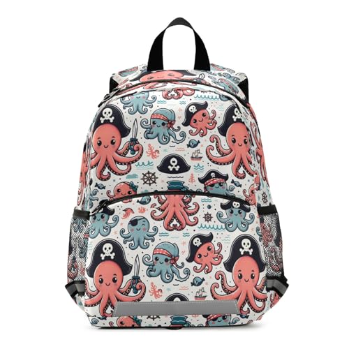 Toddler Backpack Kids Daypack, Cartoon Pirate Octopus Kindergartens Bookbag for Boys and Girls 3-6 Years with Safety Leash