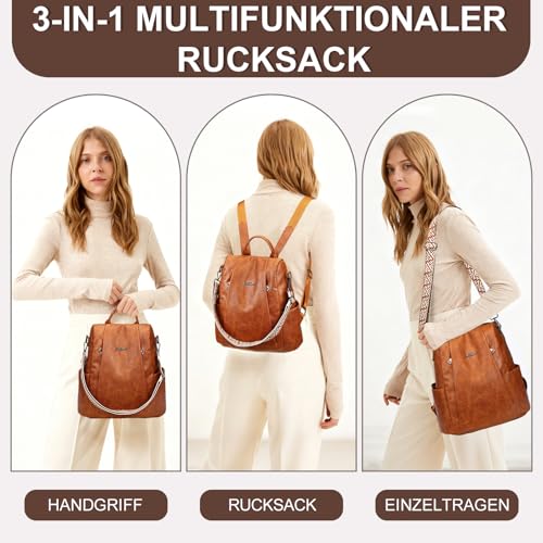 Eshow Rucksack Damen Klein, Anti-Diebstahl Elegant Cityrucksack, Wasserdichter Tagesrucksack Veganes Leder, Rucksacktasche mit Clutchbag RFID Blocker Modern für Pendeln Schule Arbeit Reise Braun