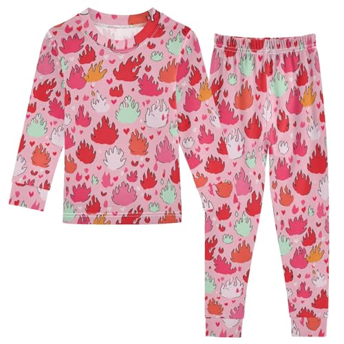 Pajama Sets Long Sleeve Fire Hearts Pattern on Pink Soft Comfy Sleepwear 2 Piece PJS 3-8T