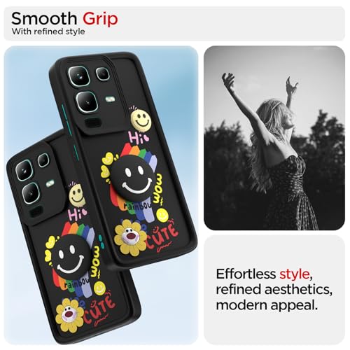 Image of Pikkme Back Cover for Infinix Note 50s 5G | Soft Silicone| Cute Rainbow Smile & 3D Cartoon Flower Design | Shockproof Raised Camera Protection Bumper Case (Black)