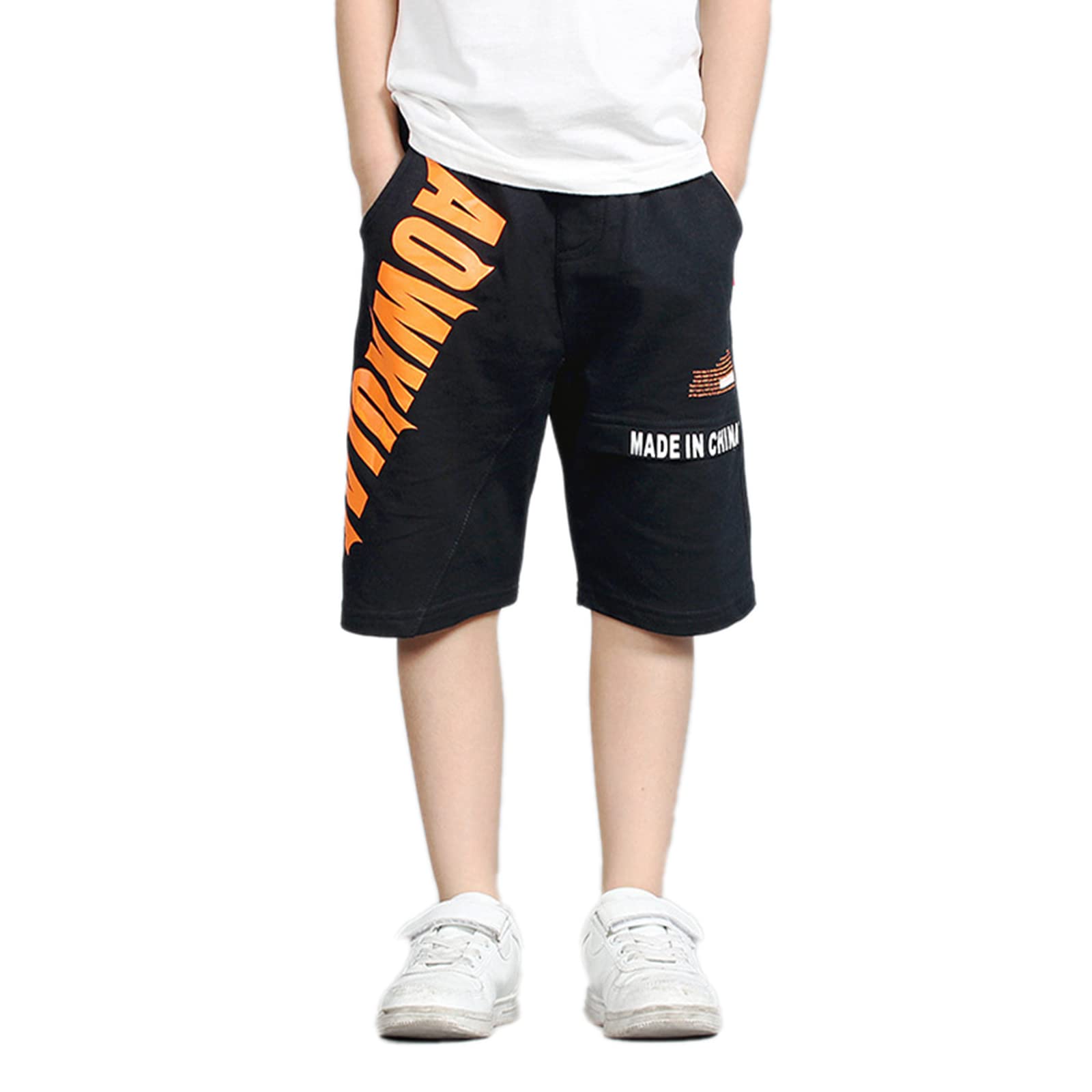 JXGSGOGO Boys Cotton Sport Shorts Drawstring Soft Jersey Athletic Shorts Unisex Height 140-150cm Letters Black