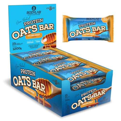 Bodylab24 Protein Oats Bar Golden Sirup 12 x 100g, Energieriegel mit 50g Kohlenhydraten und 15g Protein pro Riegel, Top-Kombination aus Energie und Eiweiß, ideal vor oder nach dem Training