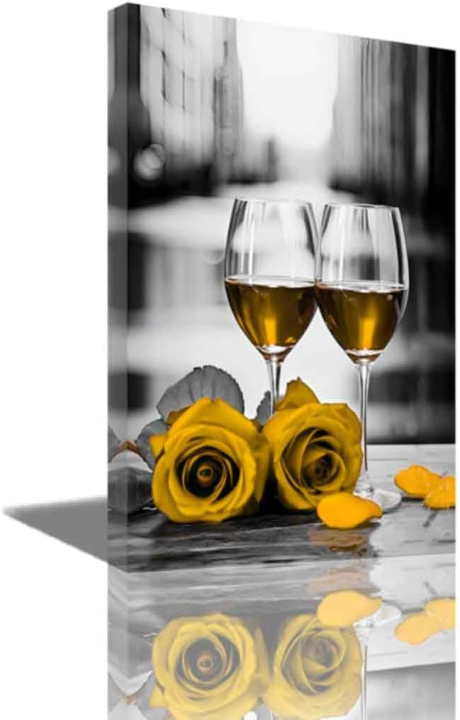 CGXLB Rose Pink Wine Canvas Wall Art Kitchen Artwork Black and Pink Rose Floral Wine Glass Picture Prints for Dining Room Restaurant Home Decor (Pink16.00" x 24.00")