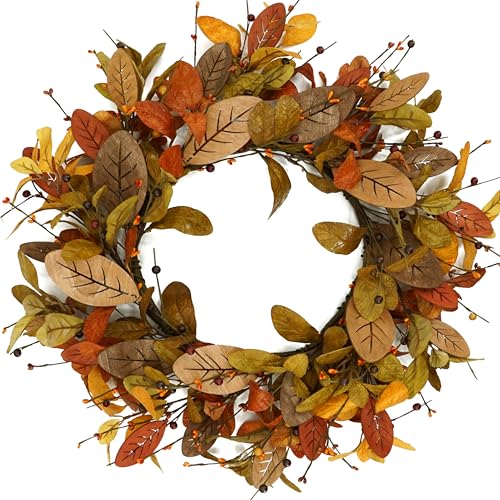 Artificial 20 inch Fall Wreath Autumn Magnolia Wreath with Wooden Magnolia Leaves,Multicolored Berry for Front Door Indoor Outdoor Farmhouse Wall Holiday Decor
