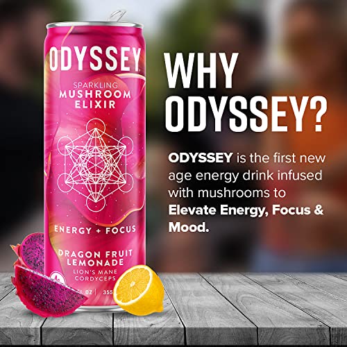 Odyssey Elixir Sparkling Adaptogen Drink, Low Calorie Drinks, L Theanine, Lions Mane, Cordyceps & Green Tea Caffeine for Energy & Focus, Non-GMO, Vegan, Dragon Fruit Lemonade Flavor, 12 Fl oz, 12 Pack - Image 3