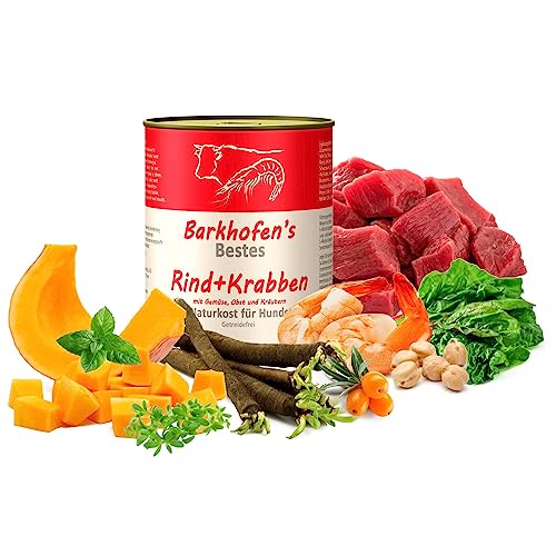 Barkhofen Tiernahrung Nassfutter für Ihren Hund 6X 800g – Hundefutter nass & getreidefrei mit Rind + Krabben - Hunde Futter in Dosen ohne Getreide