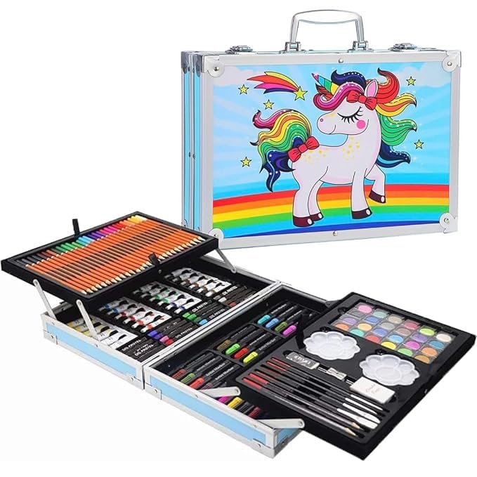 Toy Rush Art Colour Set 145 Pcs Art Kit With Multiple Coloring Kit, Professional Drawing Color Pencils, Water Colors, Sketches And Acrylic Paint Brush For Art Craft aluminum Box (Unicorn-Blue)