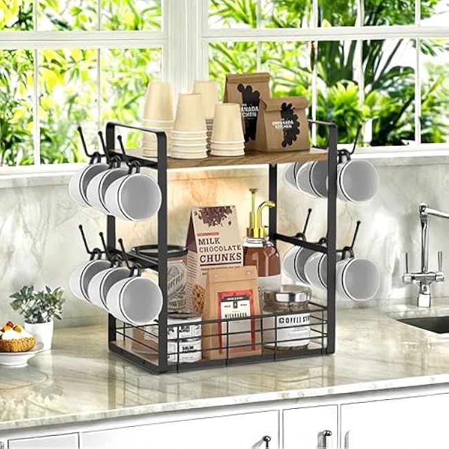 elevate your coffee experience with our 2-tier wooden shelf, the ultimate coffee station organizer and coffee pod holder, featuring a stylish mug tree for your coffee bar accessories.