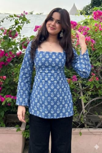 Image of Women's Rayon Printed Short Kurti | Straight Fit Casual Ethnic Top | Square Neck Full Sleeve Ladies Kurti Office College