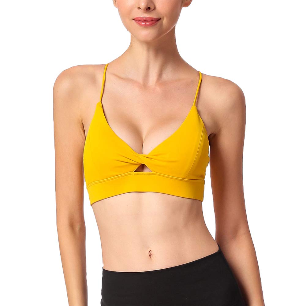 Sports Bra Padded Strappy Yoga Running Activewear Workout Gym High Impact Criss Cross Back Tops for Women (Yellow, Medium)