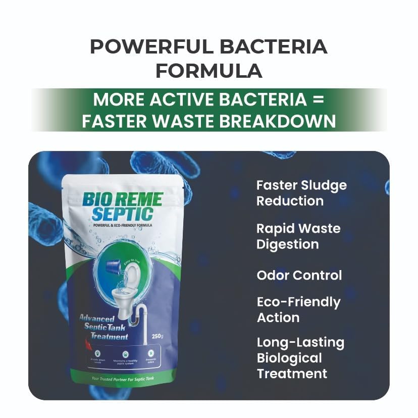 Image of Bio Reme Septic Tank Cleaner Bacteria Powder for Sludge Build Up Reduction and Odour Control Eco Friendly Septic Care Maintenance Treatment for Toilet and Drain Pack of 2 Total 500 Gms