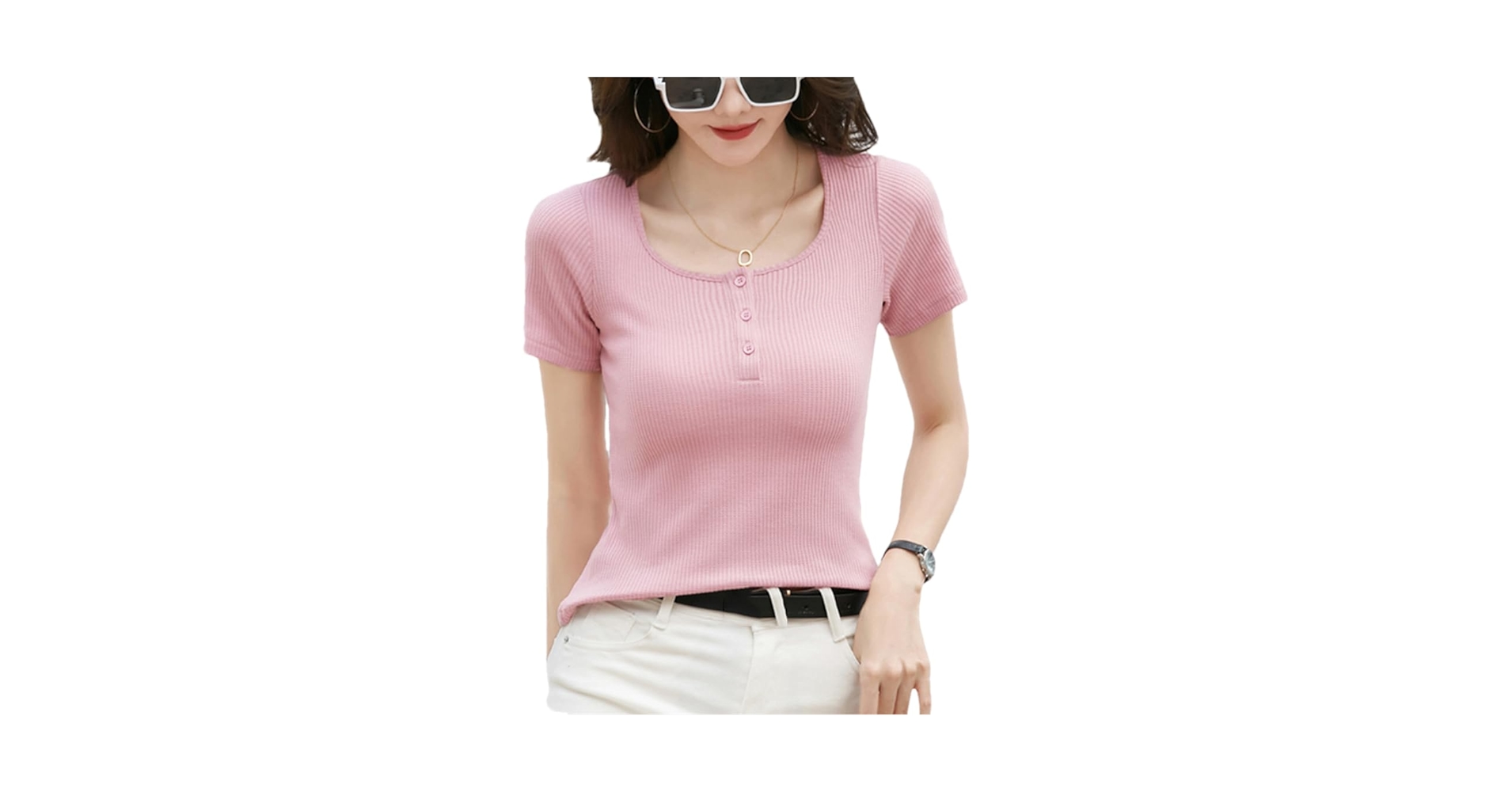 Women U-Neck T-Shirt Curved Hem Long Sleeve Slim Knit Tees