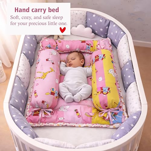 Image of Fareto Combo of Baby Bed with Net | Carry Bag | 4 Pcs Bedding Set (0-6 Months, Baby Size, Cotton) (Pink Giffi)