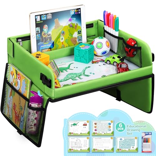 lenbest Plateau de Voyage Enfant Voiture - Plateau Voiture Enfant avec Tableau Peinture Surface Effaçable Transparente | Grande Espace Sac de Rangement
