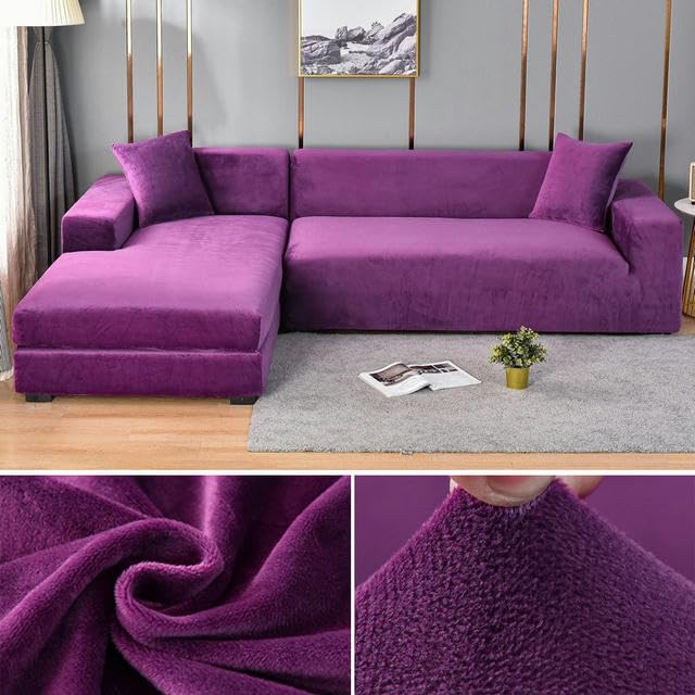 Housse canapé forme L extensible violette protège canapé pelucheux angle 145-185cm