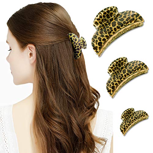 Hair Claw Clips for Women, 3Pcs Non-Slip Barrette Jaw Clamp for Thick Hair Leopard Large Fashion Accessories for Girls