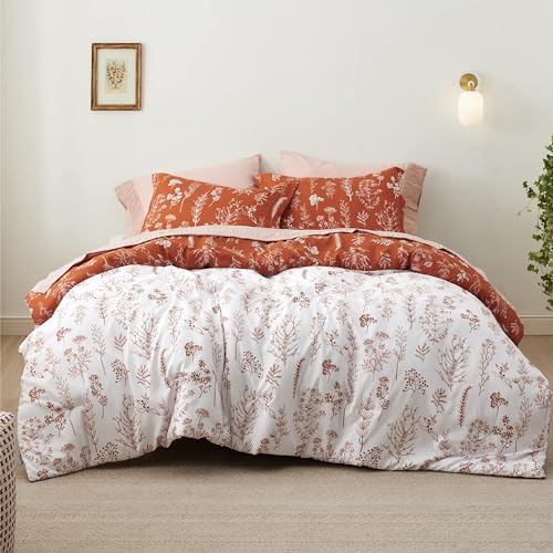 Bedsure Full Comforter Set - Terracotta Bed Set, 3 Pieces Cute Floral Bedding, 1 Soft Reversible Botanical Flowers Comforter and 2 Pillow Shams