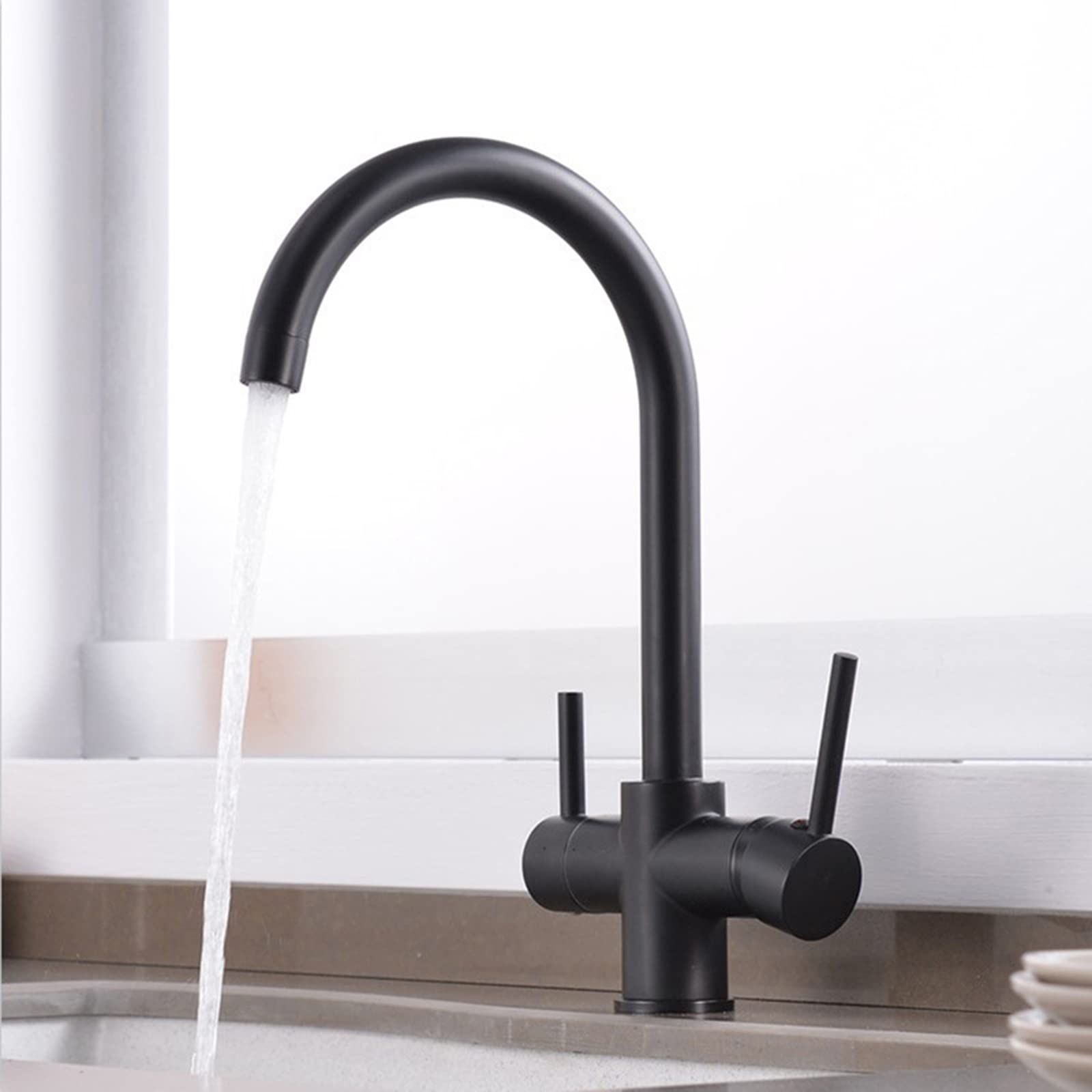 Grifo de cocina con filtro de 3 vías negro con boquilla giratoria de 360 grados, purificador de agua potable, grifo mezclador para fregadero