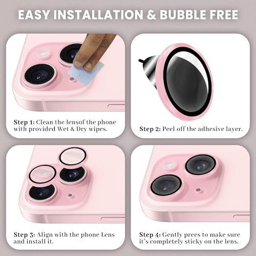 Image of ArmourPro Premium Camera Lens Protector Tempered Glass Compatible For iPhone 15 and iPhone 15 Plus Tough HD Individual Aluminum Alloy Rings 9H Camera Cover , Scratch-Resistant,Camera Lens Protection| Pink