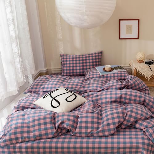 Image of EAVD Modern Purple Pink Plaid Duvet Cover Queen Soft 100% Washed Cotton Reversible Grid Bedding Duvet Cover with 2 Pillowcases Geometric Simple Plaid Comforter Cover with Zipper Closure