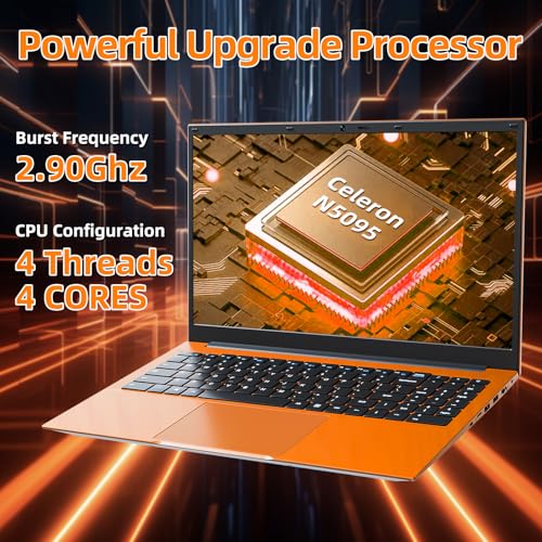 Image of 15.6 Inch Laptops, Laptop Computers with 20GB RAM 128GB EMMC+1024GB SSD, Celeron N5095 Quad-Core(Up to 2.9GHz), Portable Notebook, 11 Home, 7000mAh, WiFi 6, USB 3.2, HDMI, Type-C(Orange)