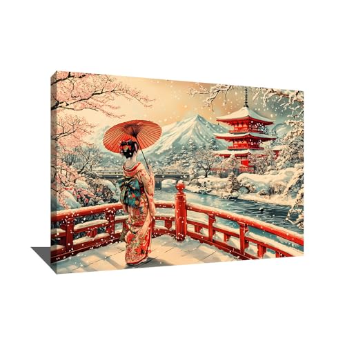 Alessio Cacciatore Tableau Geisha Japonaise - Impression Sur Toile Paysage Hiver - Décoration Murale Chambre Zen - Tableau Branche De Cerisier Japonais en...