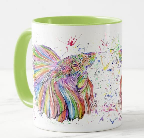 Vixar Fish Betta Siamese Fighting Hand Painted Design Watercolour Art Coloured Mug Cup Gift Birthday Work Office Christmas Tea Coffee (L Green)