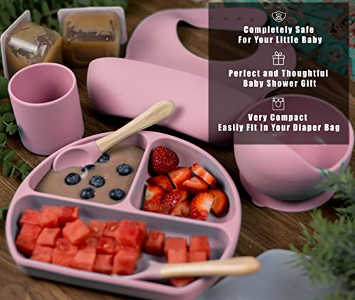 Silicone Baby Led Weaning Supplies-Baby Bowls And Spoons First Stage-Utensils For Toddler-Dinnerware Dish Set For Eating Solid Food-Easy Clean Silicone-6 Piece Set, Pink #TOP3