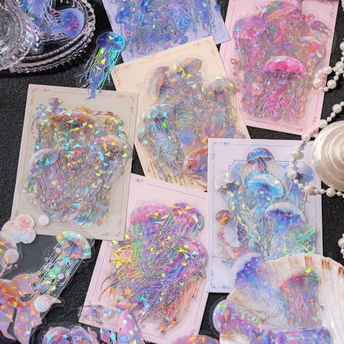 120pcs Fantasy Glitter Jellyfish Silver Foil Stickers, 6 Pack Ocean Life Waterproof Holographic Sticker for Scrapbooking Bullet Junk Journals Mixed Media Art Projects Laptop Phone Adult