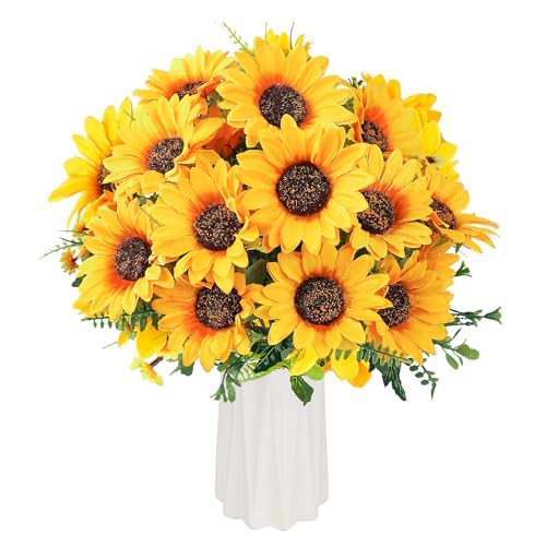Beferr 2 Bunches Artificial Sunflowers Flowers Realistic, Fake Silk Sun Flower Bridal Bouquets for Wedding Party Outdoor Indoor Floral Arrangement Home Decoration