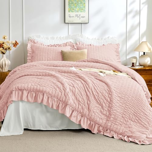 Image of JOLLYVOGUE Rose Gold Queen Comforter Set, 3 Pieces Seersucker Comforters Queen Size, Lightweight & Fluffy Bedding Sets for All Season with 1 Ruffle Comforter and 2 Ruffle Pillowshams