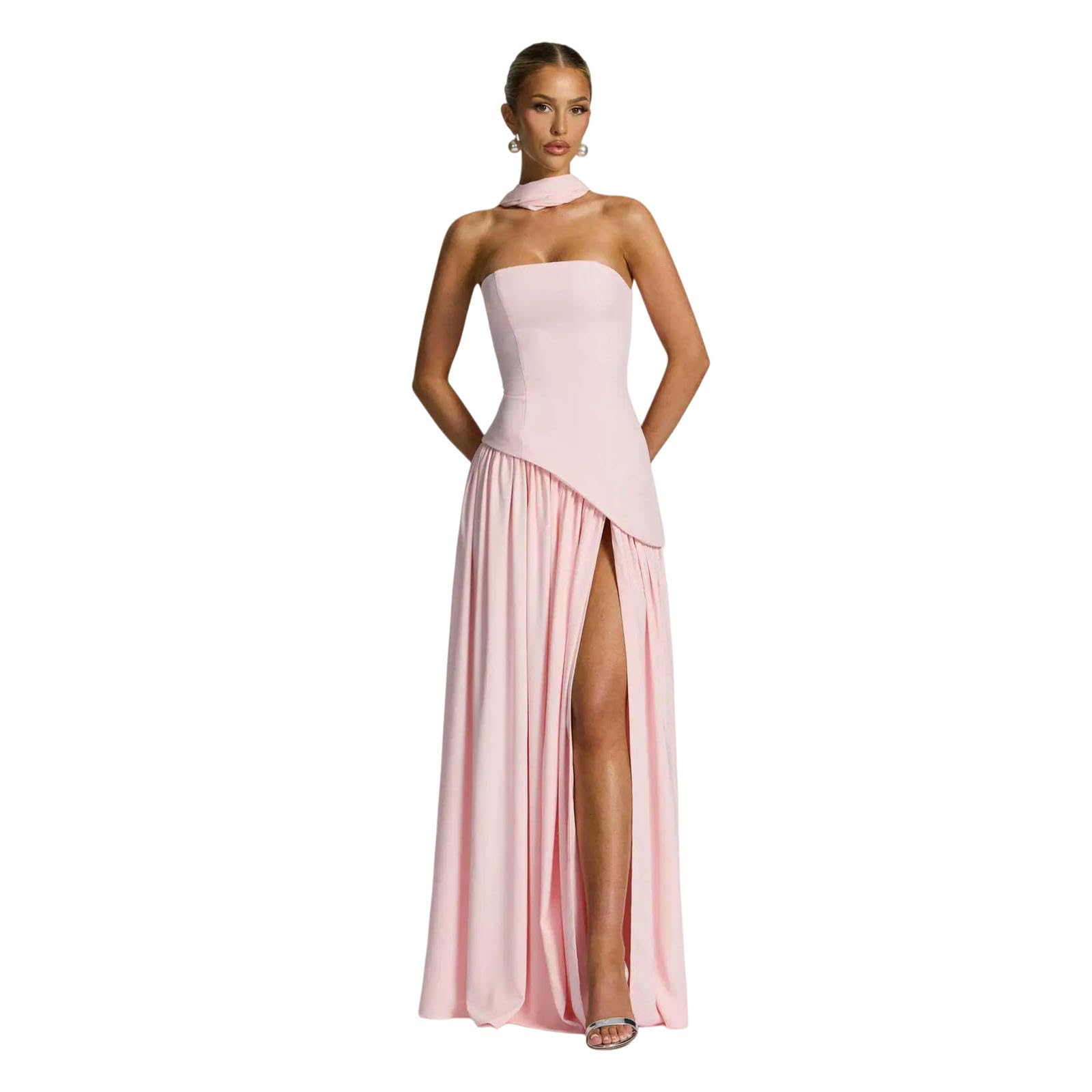 Abito Donna Invernale Lungo da Elegante Sciarpa Senza Spalline con Collo A Pieghe Sexy Sottile Schienale Corsetto Nastro Fessura Vita Estiva Pieghettata-10-s