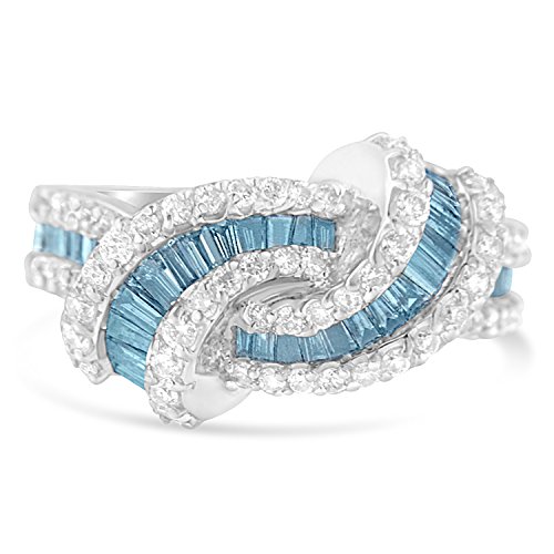Original Classics 14K White Gold Round and Treated Blue Baguette Diamond Twisted Ring (1.60 Cttw, Blue Color, I1-I2 Clarity) - Size 7-1/4