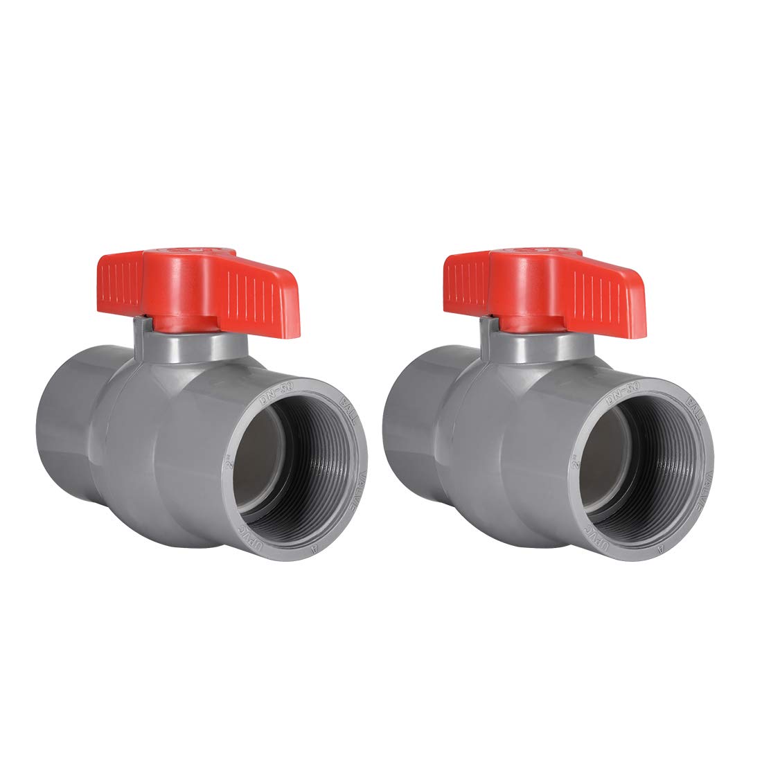 uxcell - Tapón de válvula de bola de PVC para tuberías de suministro de agua, con extremos de rosca de 2 pulgadas de diámetro de agujero interior, color rojo y gris, 2 unidades