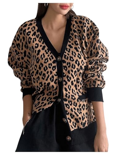 SOLY HUX Women's Leopard Print Button Down Cardigan Long Sleeve V Neck Loose Sweater Outerwear