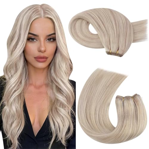 Image of Moresoo Human Hair Extensions Weft, Highlights Ash Blonde, Remy Hair Weft | 22 Inch 100g, soft Remy human hair creates bright coverage, ideal for fashion shoots, formal events and elegant updos