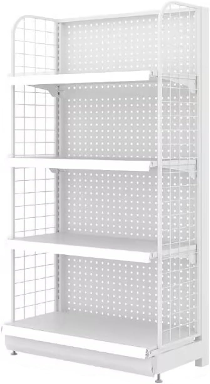 Versatile Retail Gondola Shelving Display Rack - White Supermarket Shelves for Grocery & Convenience Stores, Grid Design, Sturdy & Spacious (122x36x165cm)