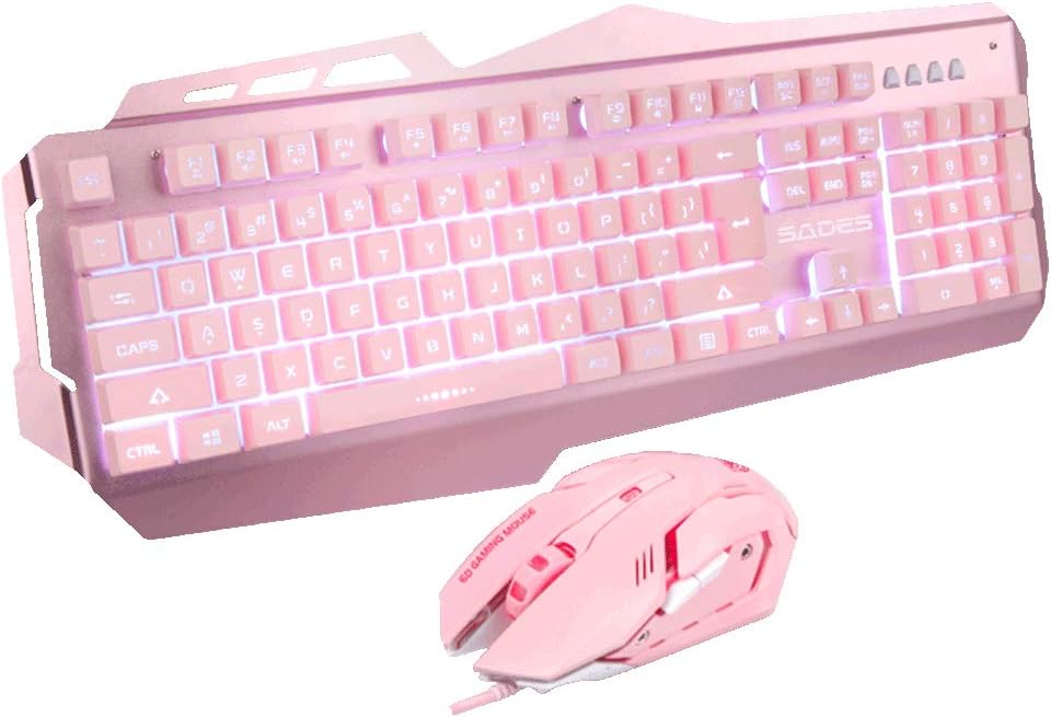 SADES EK10 Pink Wired Gaming Keyboard and Mouse Combo,7 Colors LED Backlit Gaming Keyboard and Mouse with 4 Adjustable DPI for PC/laptop/win7/win8/win10