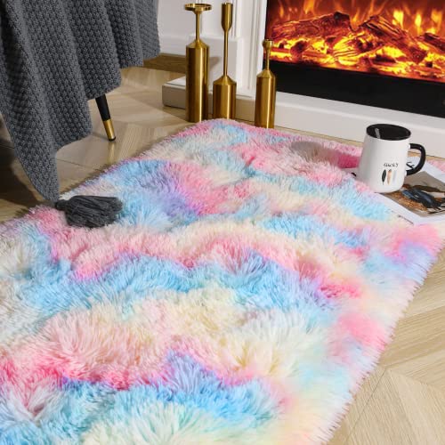 Ompaa Soft Fluffy Rainbow Runner Rug For Girls Bedroom Carpets, Kawaii Tie Dye Kids Rugs For Teens Unicorn Dorm Aesthetic, Pastel Shaggy Nursery Area Rug For Baby Princess Room, 2X4 Feet #TOP2