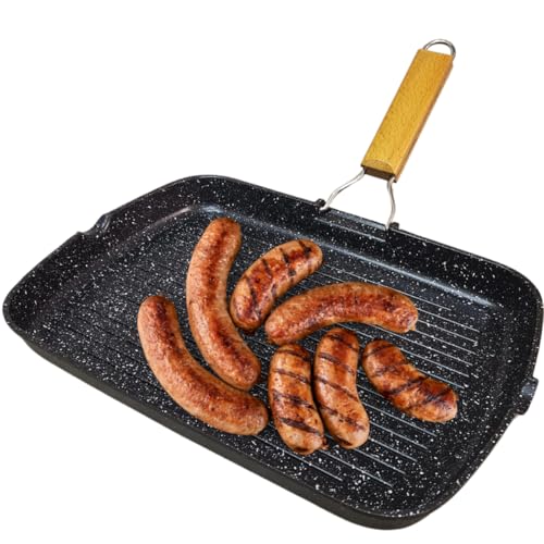 Sunrise - Bistecchiera Antiaderente Alluminio, Padelle Grill Anti Aderente, Adatta alla Lavastoviglie, Antiaderente 36 x 24 cm, Manico Pieghevole Salvaspazio, Bordo a Versare (Fondo Normale)