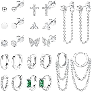 JeryWe 12 Pairs Stud Earrings Huggie Hoops Earrings Set for Women Cubic Zirconia Cartilage Earring Sets for Multiple Piercings Cross Butterfly Stainless Steel Chain Small Hoops Earrings Sets