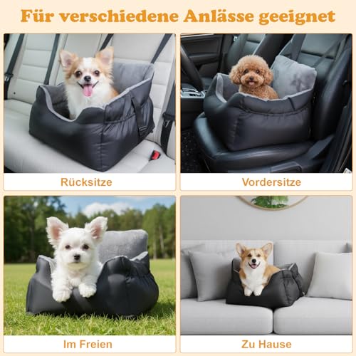 Hunde Autositz Extra Stabil für Kleine Hunde (unter 12kg) mit Sicherheitsgurt,Wasserdichter Autositz Hund für Rück- und Vordersitz,Hundesitz Auto mit Abnehmbares Hundekissen Waschbar,Seitliche Taschen